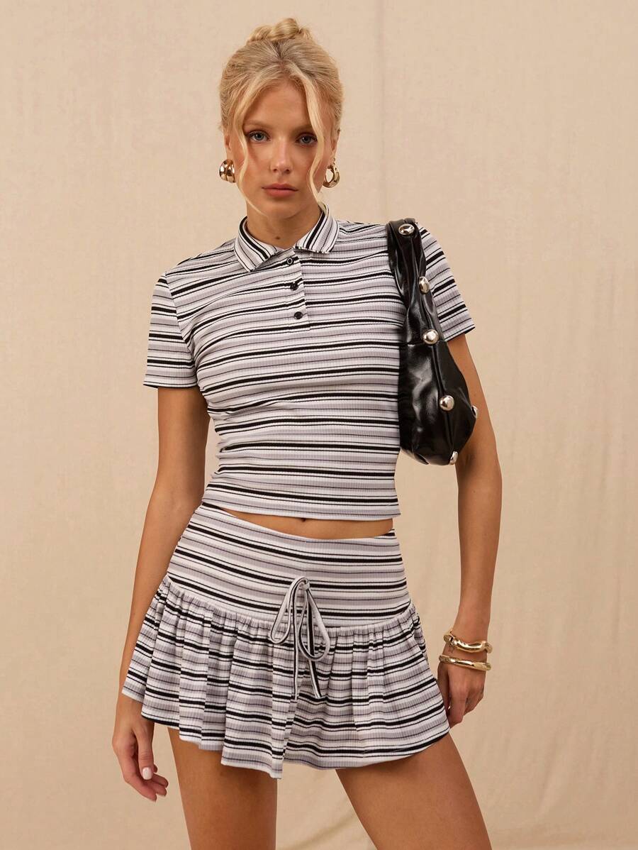 SHEIN Forever 21 Women Striped Polo Collar Short Sleeve Cropped Casual T-Shirt