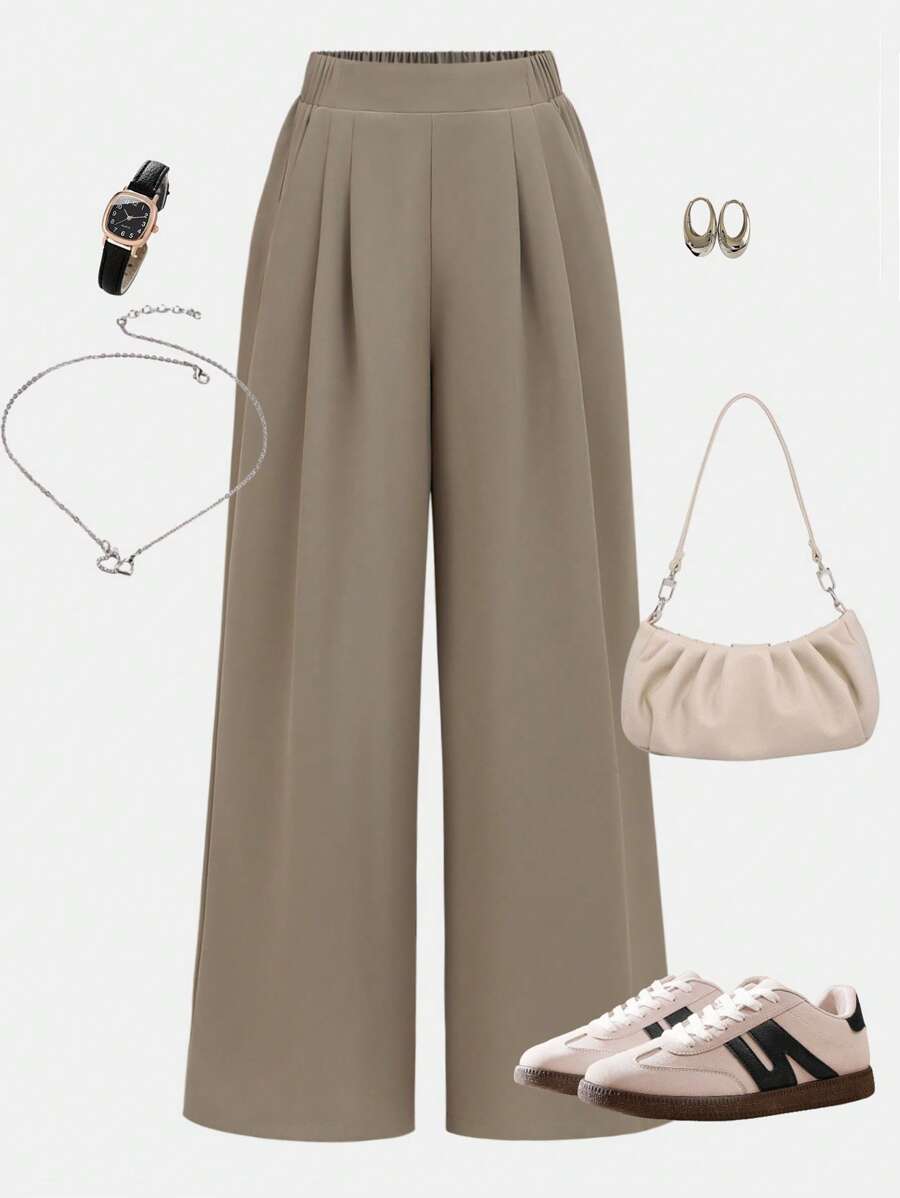 Girlism Pantalones anchos de tiro alto con pliegues para adolescentes, elegantes y versátiles para el diario, el casual y el streetwear, cómodos y con estilo, adecuados para volver al colegio, vacaciones familiares, picnics al aire libre en primavera y uso diario en diferentes ocasiones