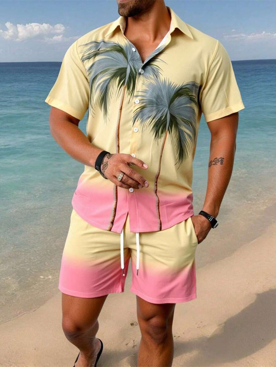 Manfinity RSRT Conjunto de camisa de manga corta y shorts con estampado de palmera para hombres, ideal para vacaciones de verano