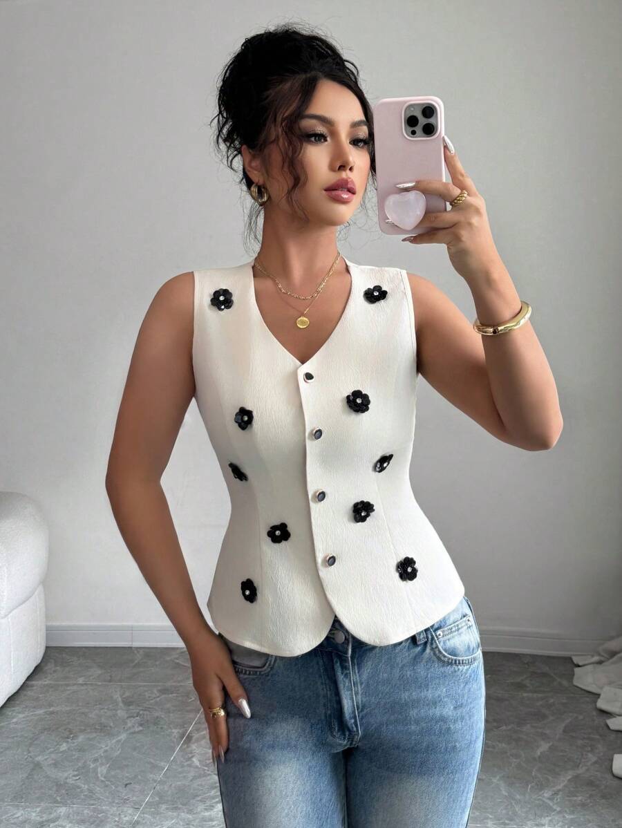 Gloray Elegant Sleeveless V-Neck Single-Breasted Floral Embellished Vest, Suitable For Spring And Summer