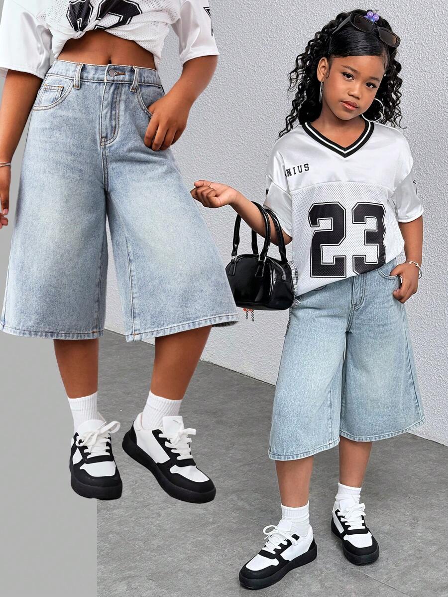 SHEIN Short en jean ample retro lavé bleu clair à taille haute, style streetwear décontracté polyvalent pour préadolescentes, shorts en jean ample long jambe large, shorts d'été bohème pour vacances à la plage, tenues casual pour concerts d'été et festivals, tenues d'été pour brunch, église, remise de diplômes, tenues de rentrée scolaire streetwear