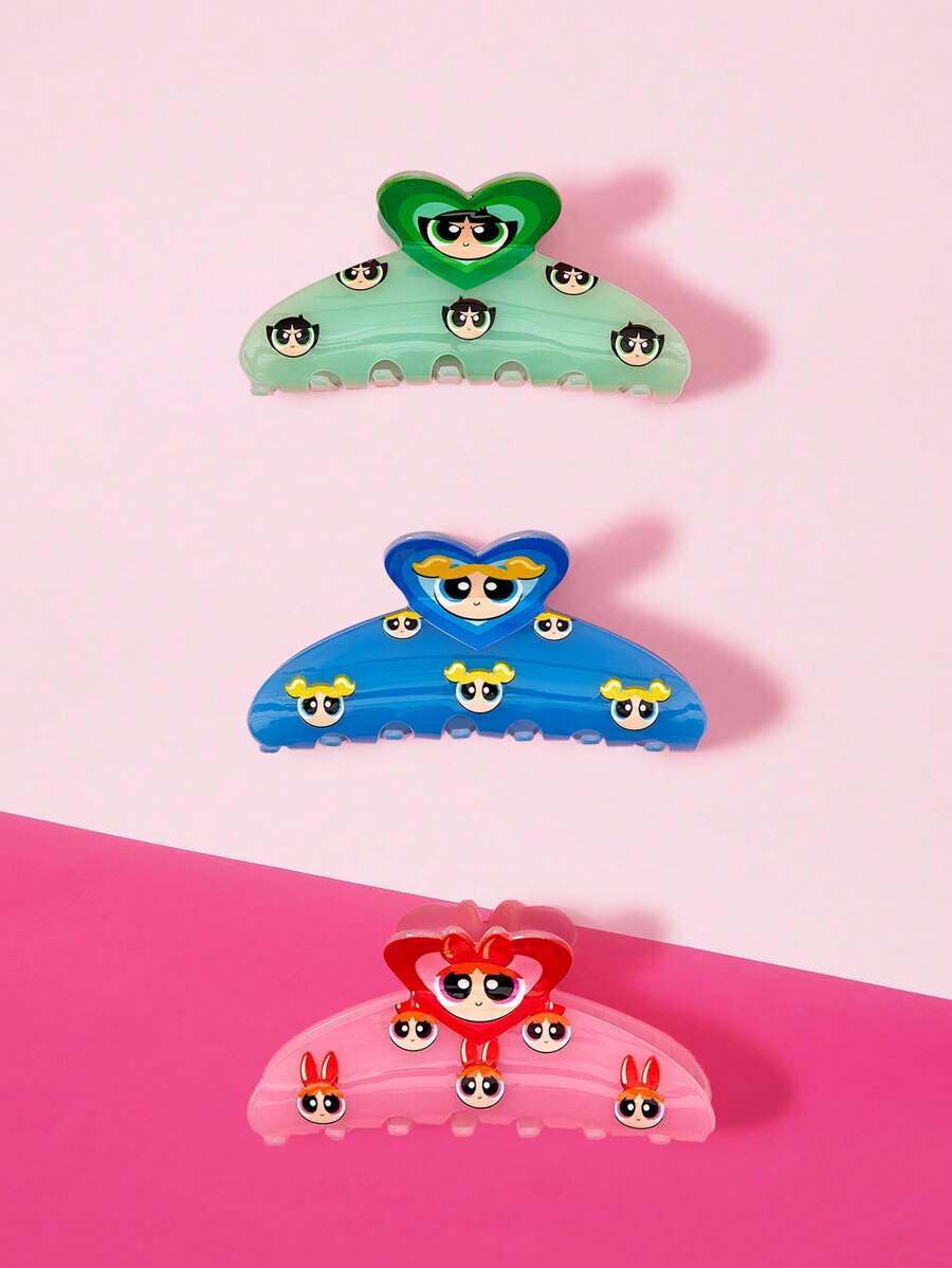 THE POWERPUFF GIRLS X SHEIN 3 pièces Pinces à cheveux de mode pour femmes, motifs minimalistes et doux de fleurs, bulles, boutons d'or, conviennent pour un port quotidien