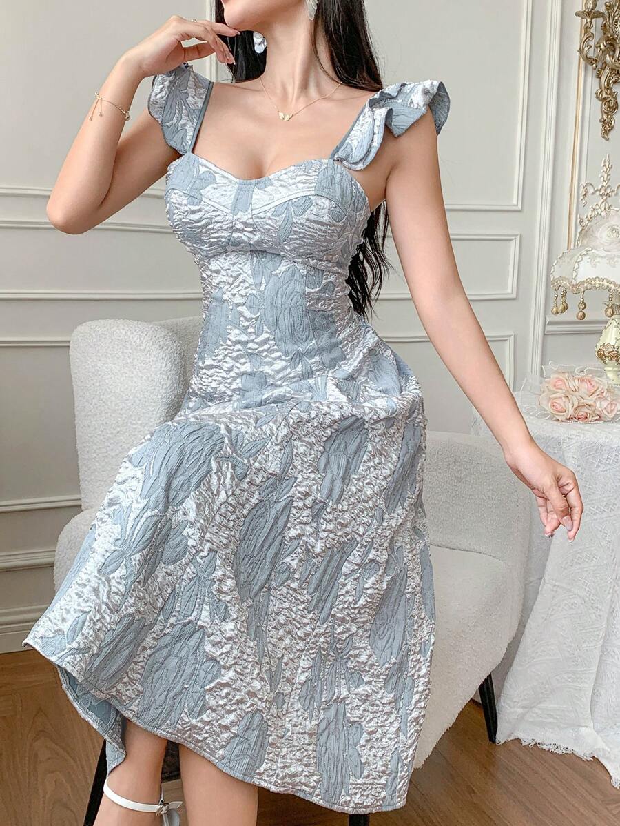DAZY Elegante vestito da donna a metà lunghezza con scollo a barca, maniche a volant e texture, adatto per l'estate