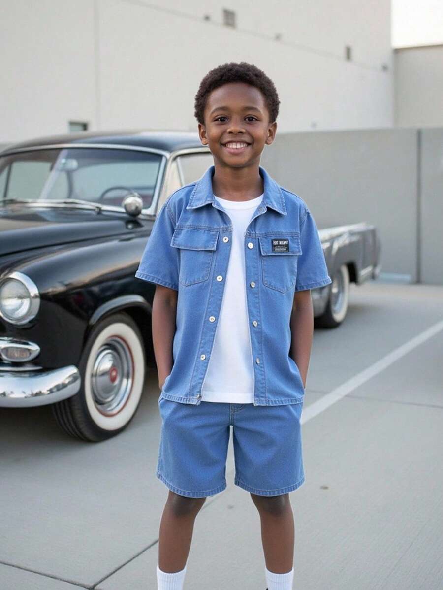 2 Stücke/Set Stylisches Jungen Outfit aus Denim, Kurzarm Hemd & Denim Shorts