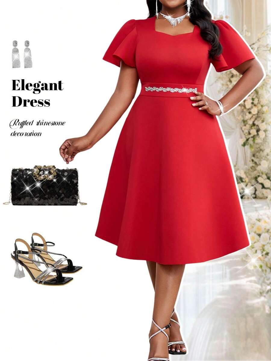 Fleurora Abito midi da donna con scollo a cuore, maniche corte con volant, elegante, con vita impreziosita da strass, di taglia grande