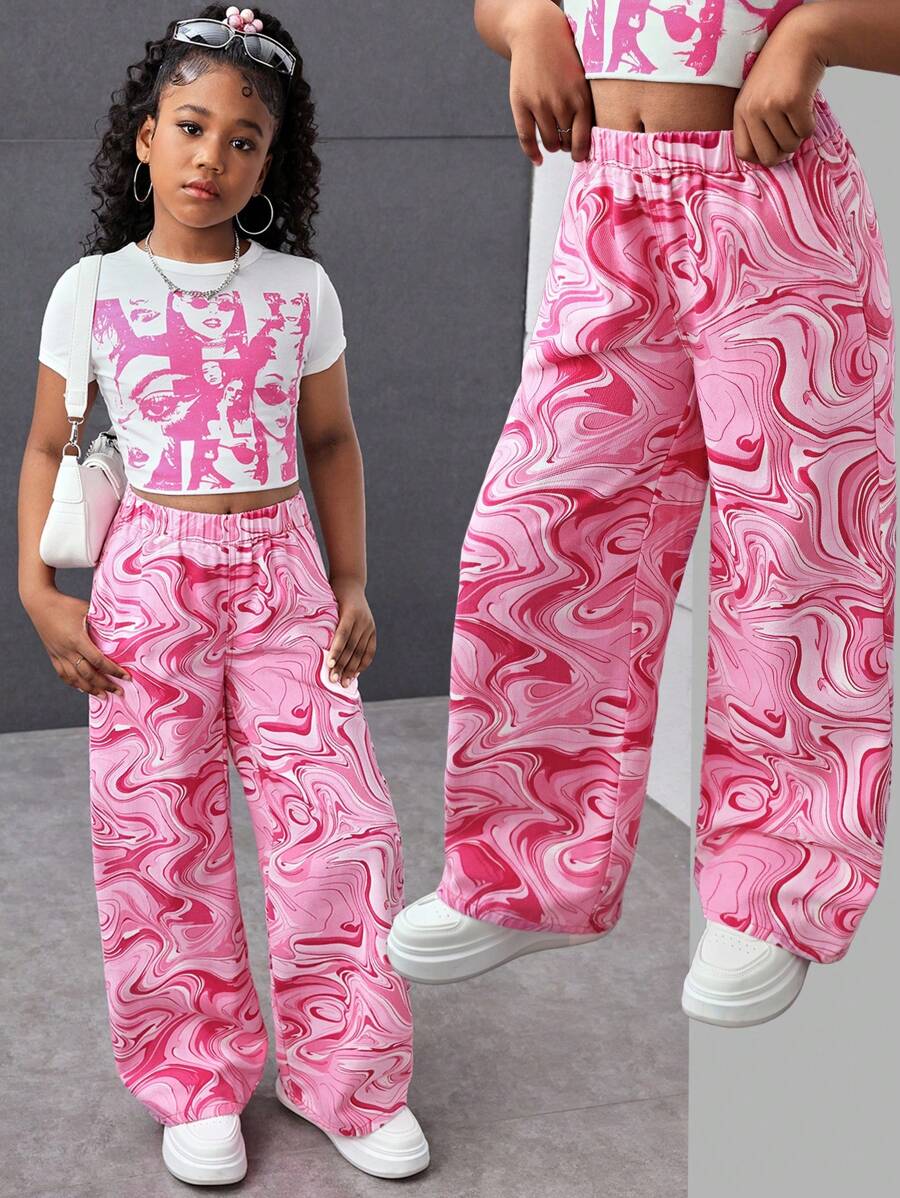 Tween Girls Summer Y2K Marble Print Drawstring Elastic Waist Wide Leg Casual Baggy Jeans Wide Leg Jeans For Daily Wear,Girls Summer Concert Festival Causal Rave Outfits, Girls Summer Brunch Church Graduation Outfits,Streetwear Back To School Outfits
