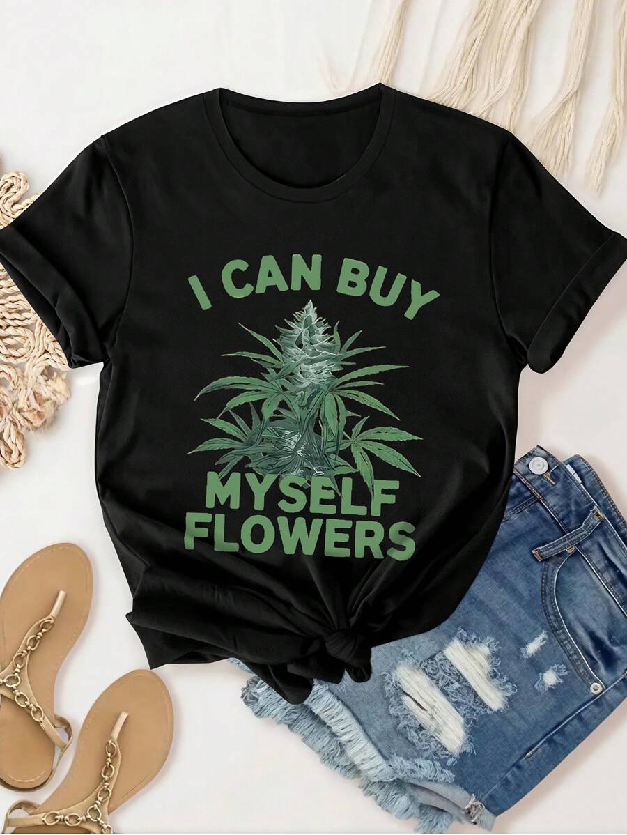 Calvaya Camiseta de cuello redondo de manga corta con estampado de hojas y eslogan, talla grande para mujer