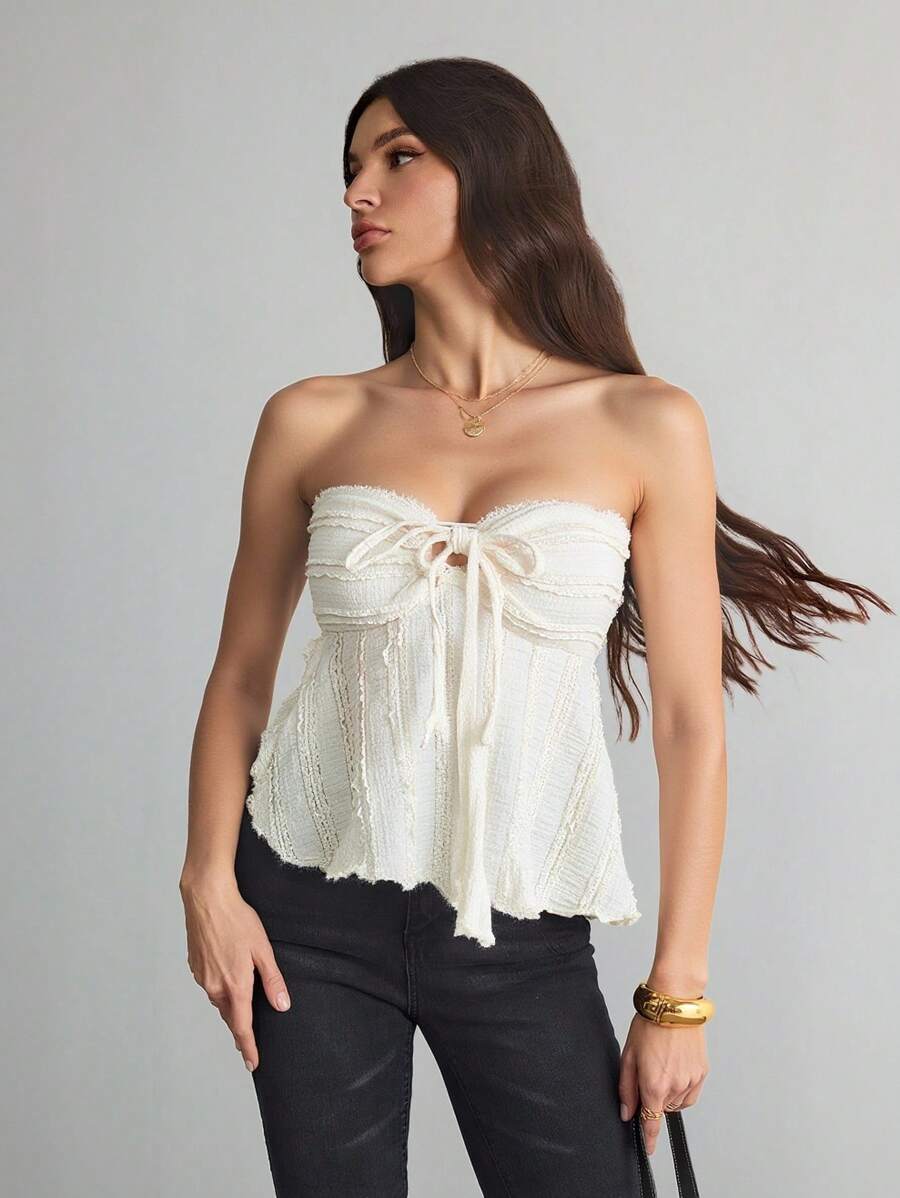 SHEIN Tall Blusa de mujer de unicolor con hombros descubiertos, lazo delantero y volantes texturados, atuendo para conciertos, festivales rave y música country de verano