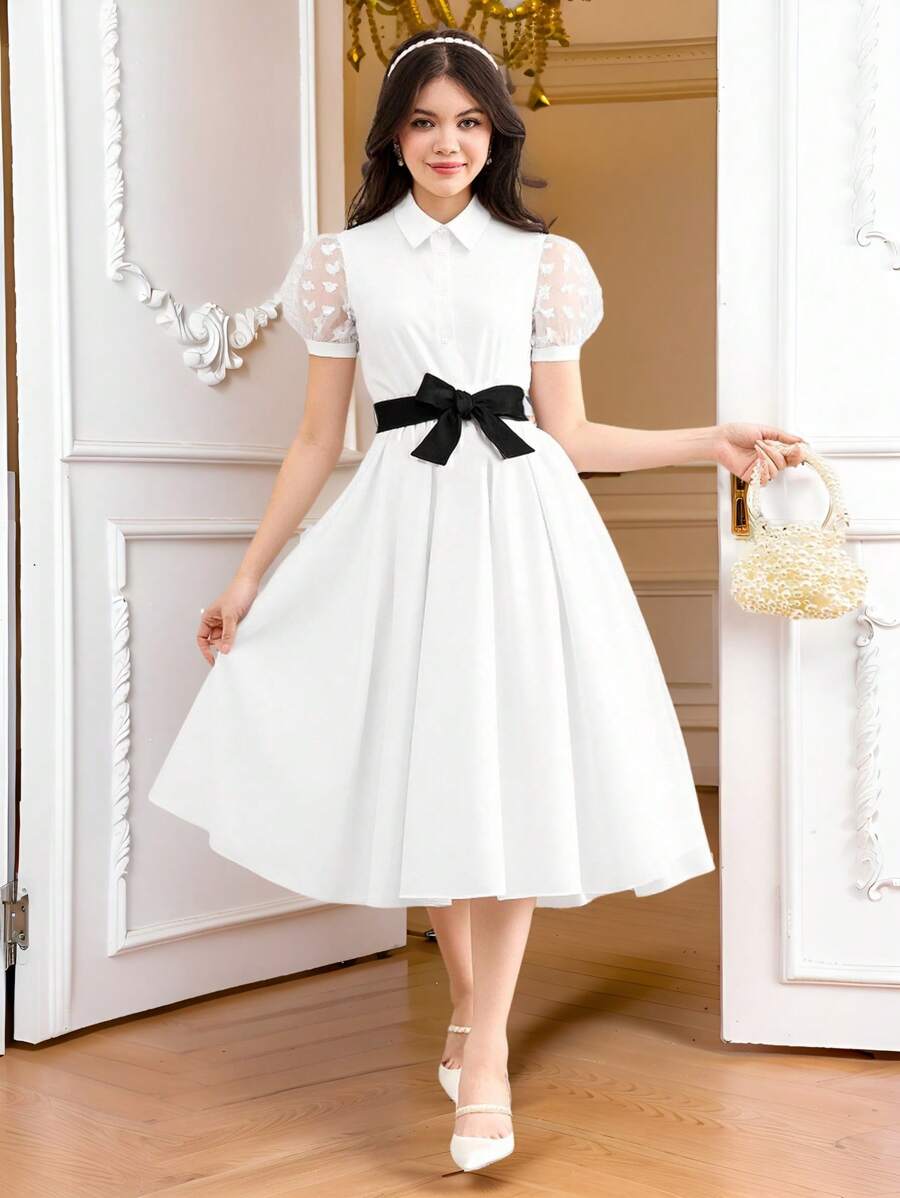 Pitira Pitira Vestito camicia elegante da primavera/estate con cintura in pizzo e toppe a farfalla stile accademico, per uso quotidiano, della linea TEENGIRL, di colore bianco