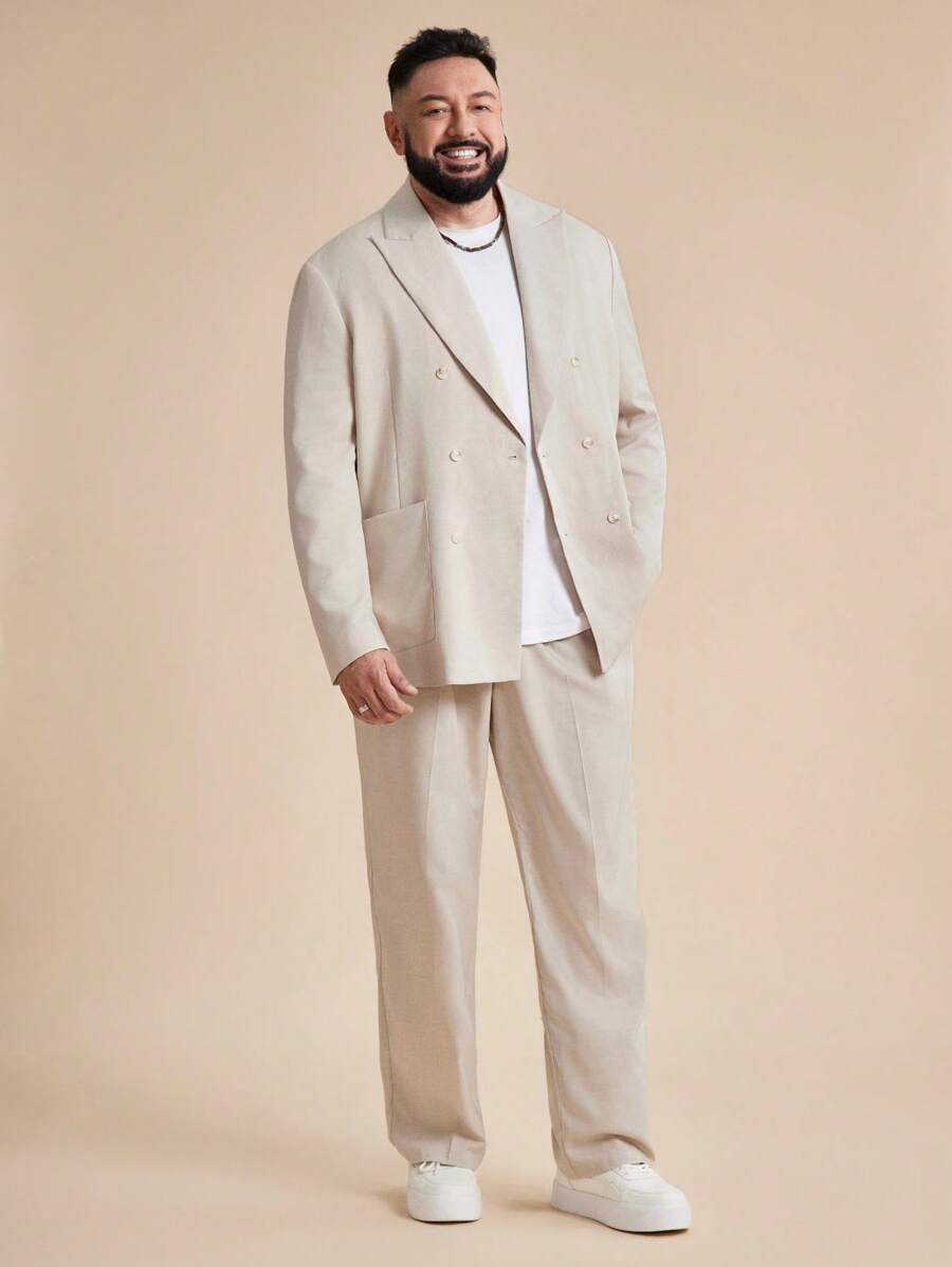 EASEVO Plus Size Men's Woven Double-Breasted Long Sleeve Suit Jacket & Pants Set