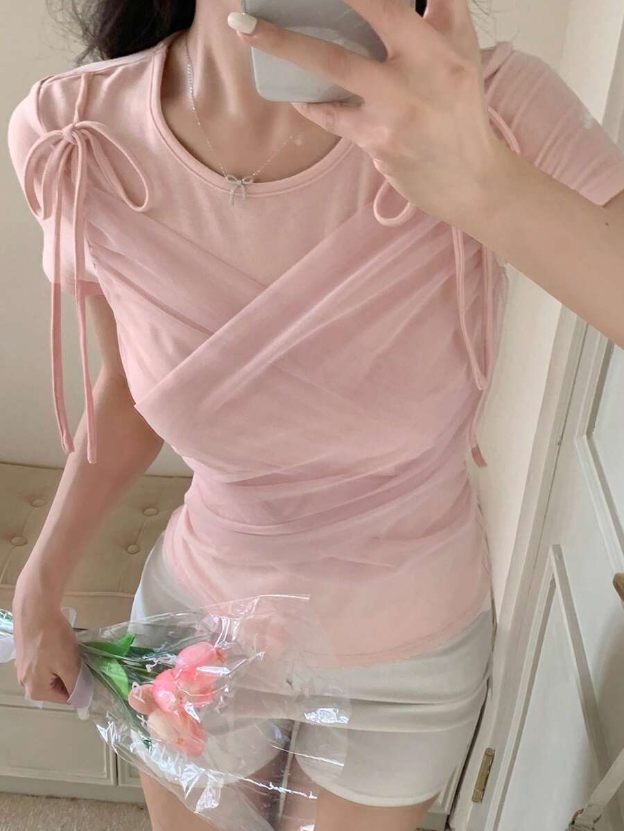 DAZY Maglietta estiva da donna manica corta, collo tondo, in rete, dolce e carina