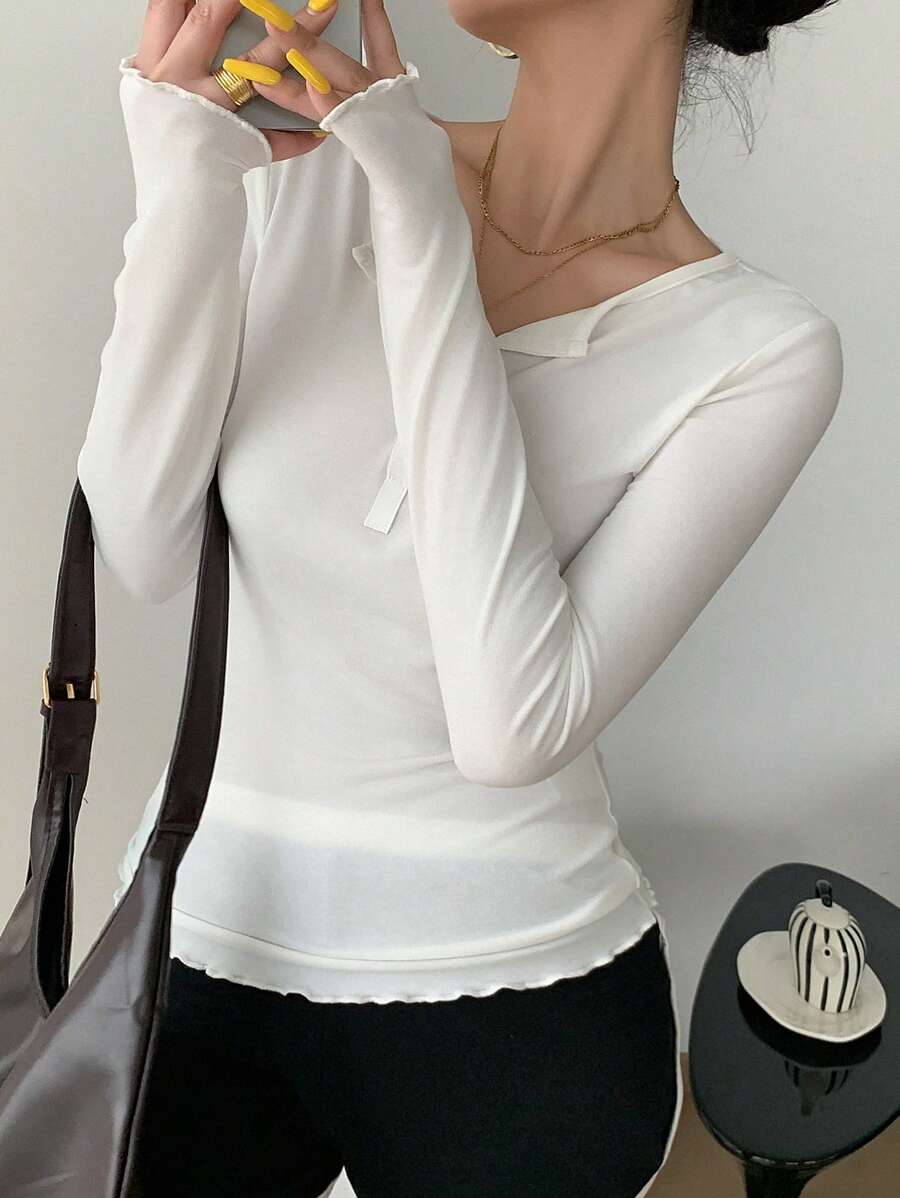 DAZY Maglietta a maniche lunghe trasparente basic con collo tondo e vestibilità slim, da donna