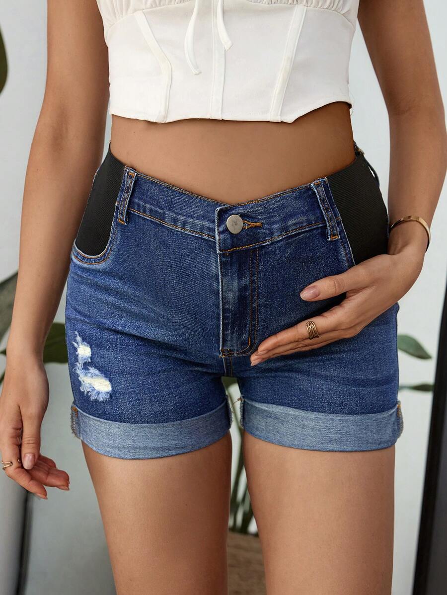 SHEIN Pantalones cortos vaqueros elásticos de maternidad, azules, ajuste ceñido informal