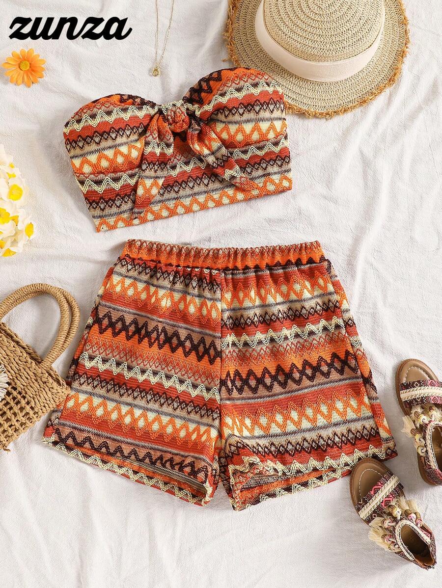 Set de 2 piezas Top corto tipo bandeau con nudo colorido tejido falso + Shorts de vacaciones de playa para adolescentes