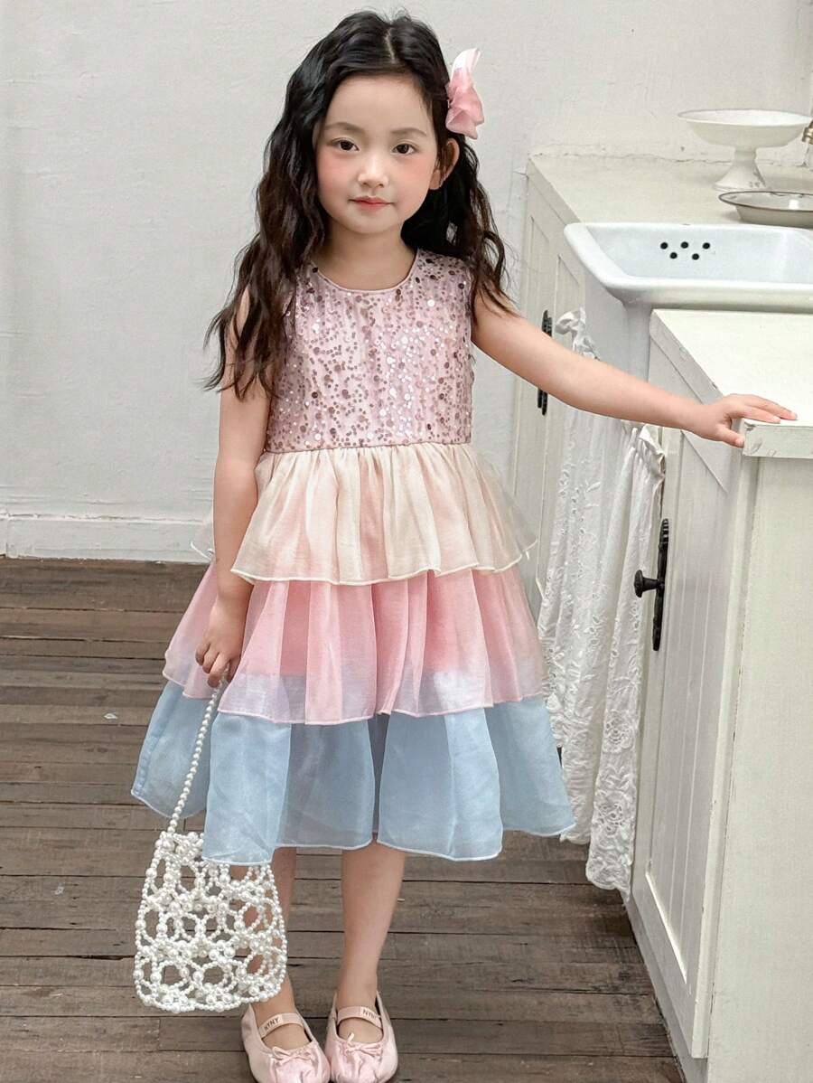 DAZY Vestido de fiesta de cumpleaños de cuello redondo con volantes de tul grueso para niñas (pequeño), de verano