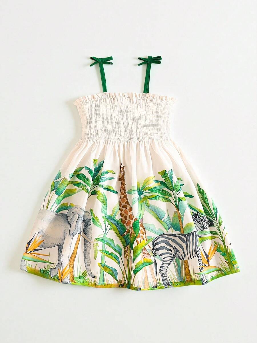 SHEIN Playful Pals 1pc Young Girls Adjustable Strap Cropped Tank Dress, High Waisted Pleated Skirt With Giraffe & Zebra Animal Print, Casual Versatile Summer Dress