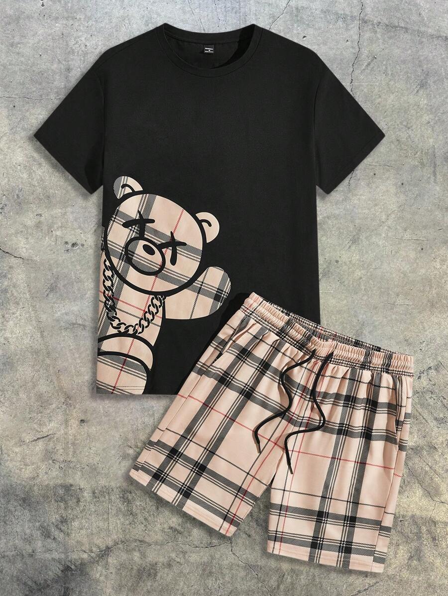 AXEPEAK Conjunto de camiseta de manga corta con estampado de oso a cuadros y shorts con cordón en la cintura para hombre, atuendo casual de streetwear de verano