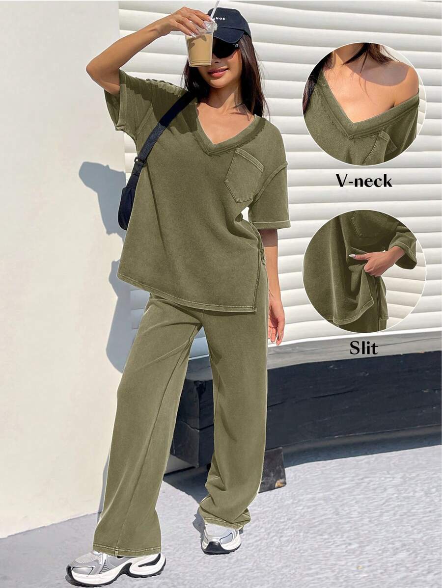 SHEIN EZwear Women's Summer Knit V-Neck T-Shirt And Pants Set, Distressed Speckle Design Casual Outfit