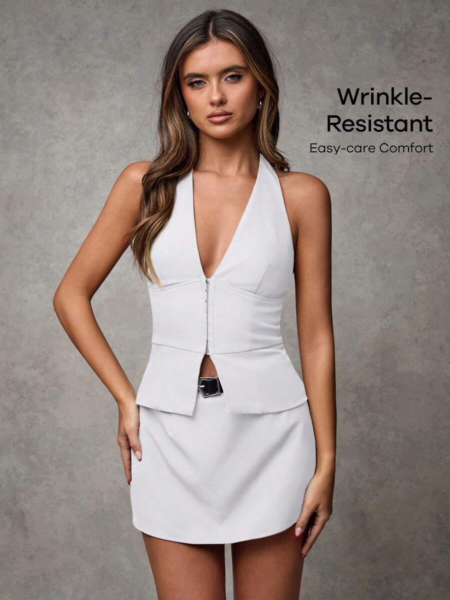SHEIN BAE Women's V Neck Khaki Solid Color Casual Blazer Woven Suit Vest Sexy Office Siren Old Style Teacher Outfit Fall Women's Autumn Suit Office Outfit/
