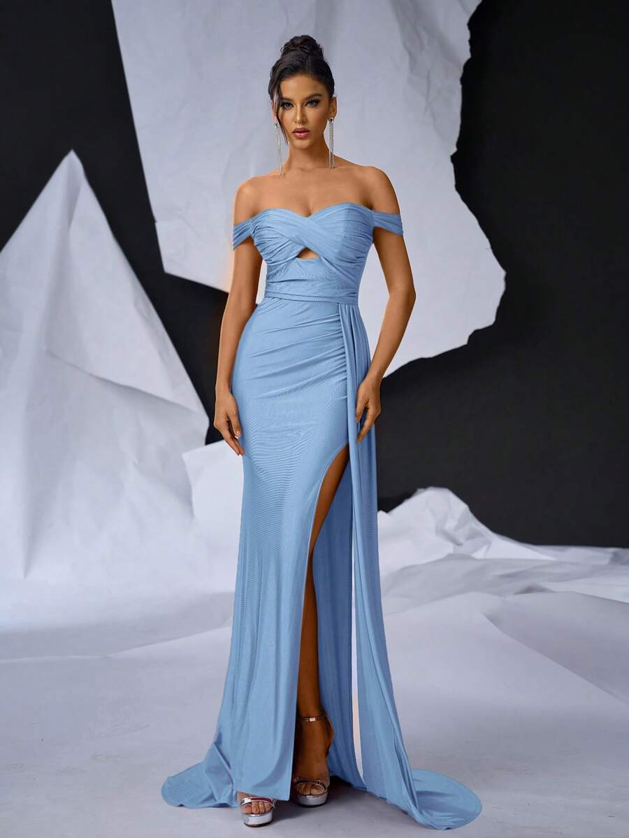 Glamrae Vestido de noche elegante y glamoroso con hombros descubiertos, entrelazado cruzado, corte ajustado, abertura alta lateral, caída drapeada y cola de pez