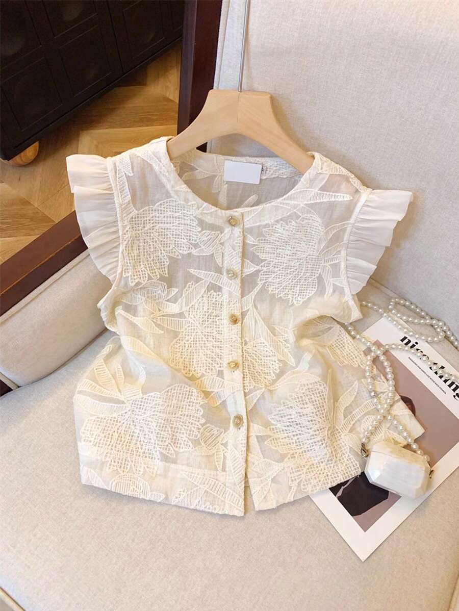 SHEIN Frenchy Blusa de moda con cuello redondo, abotonada, de manga corta y jacquard, para verano