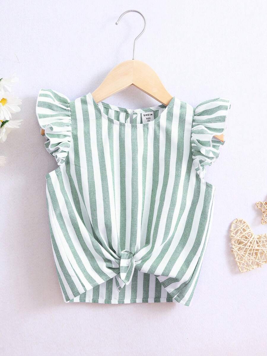 SHEIN Blusa corta de manga corta con rayas y nudo delantero, estilo casual para niña joven, adecuada para vacaciones y uso diario