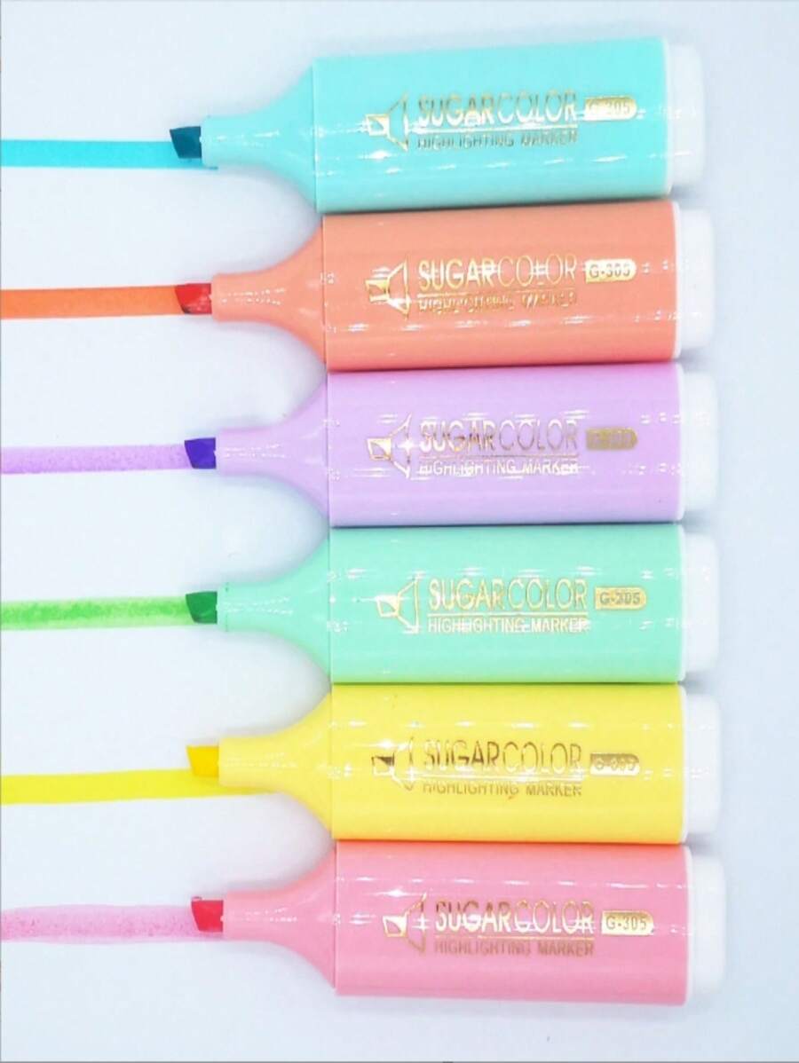 SHEIN 6pcs Fluorescent Highlighters, Pastel Colors Chisel Tip Marker Pen, Assorted Colors, Water Based, Quick Dry Back To School