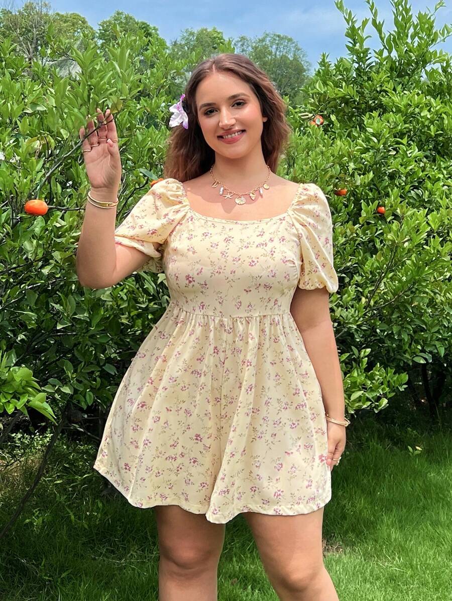 SHEIN EZwear Plus Size Boho Floral Print Woven Fabric Jumpsuit With Square Neckline And Half Sleeves For A Chic Summer Look