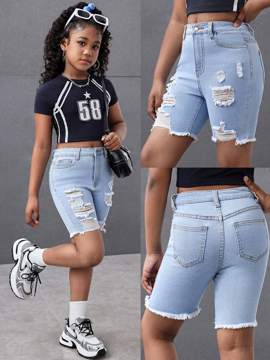 Tween Girls Y2K Spring Summer Break Light Washed High Waist Ripped Raw Hem Denim Jeans Long Shorts,Girls Summer Beach Boho Vacation Summer Denim Biker Shorts, Summer Concert Festival Casual Rave Outfits, Girls Summer Brunch Church Graduation Outfits,Streetwear,Back To School Outfits
