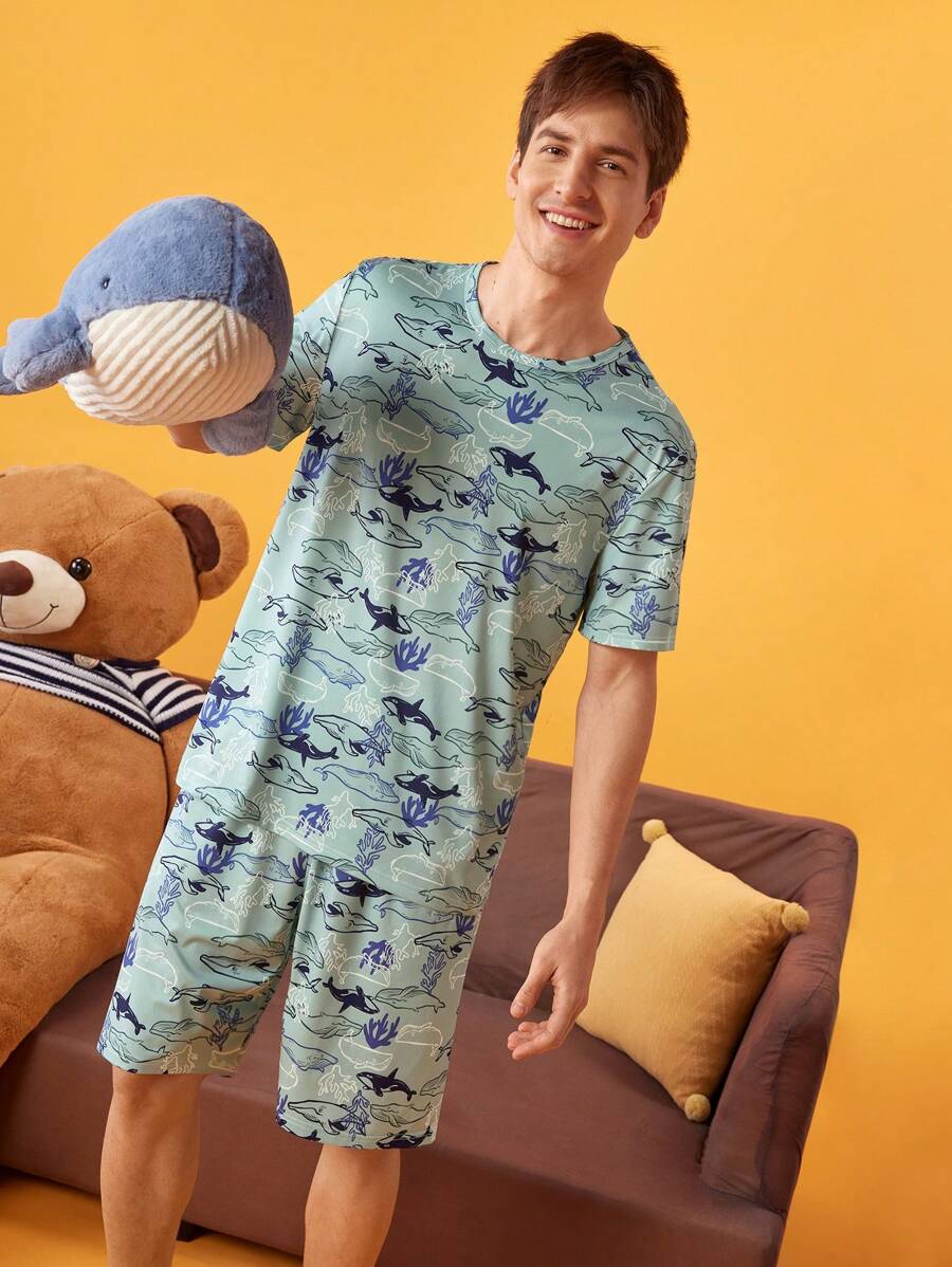 NotGurli Set de 2 piezas de pijama de verano para hombres con top de manga corta y shorts con estampado all-over