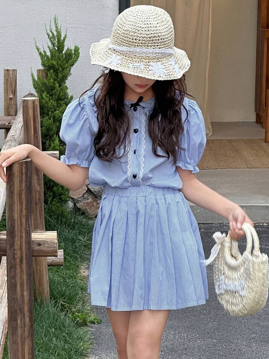 DAZY Ropa de otoño para niños: Conjunto de 2 piezas de blusa de manga corta con cuello con volantes y moño + falda plisada para niñas, conjunto elegante y casual para el regreso a la escuela