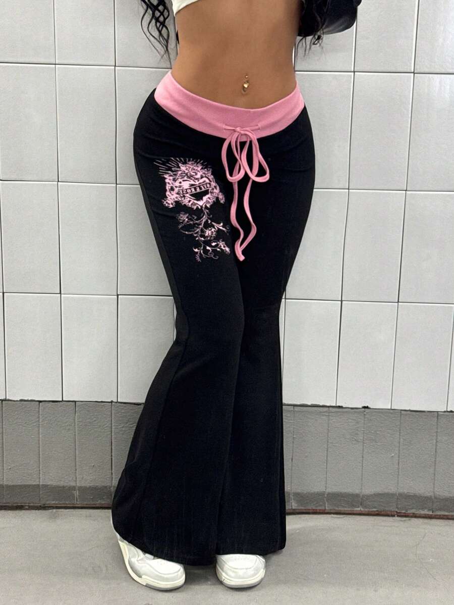 StreetHx Women's Color Block & Graphic Print Flare Leg Punk Style Pants