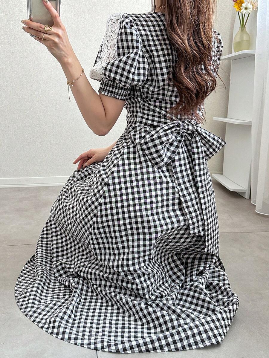 FRIFUL Women's Plaid Puff Sleeve Contrast Lace Long Dress, Cinched Waist, Flared Skirt, Bowknot, Flattering, For Summer, Birthday, Festival, Vacation,Casual Women Dresses