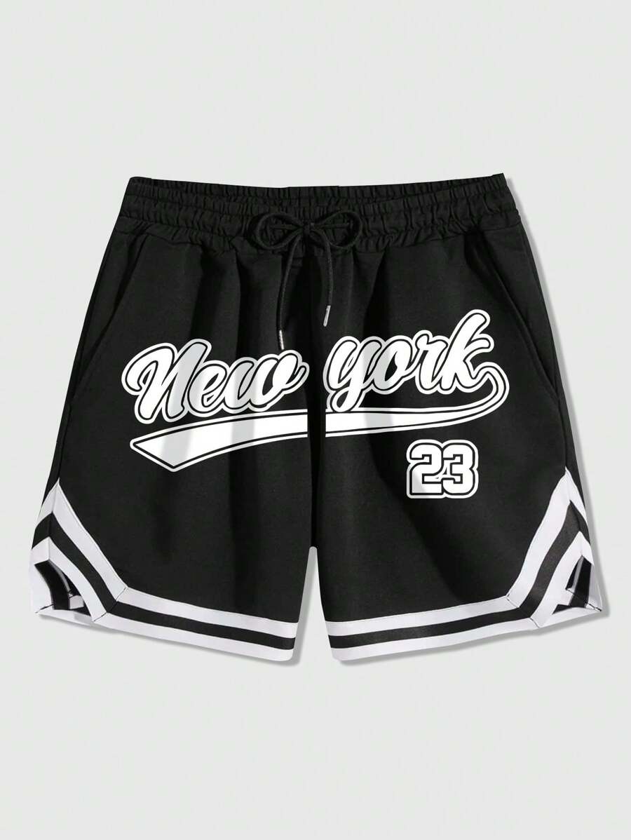 ROMWE MEN Street Life Pantalones cortos deportivos informales de verano para hombres, con estampado de números en inglés americano, color negro