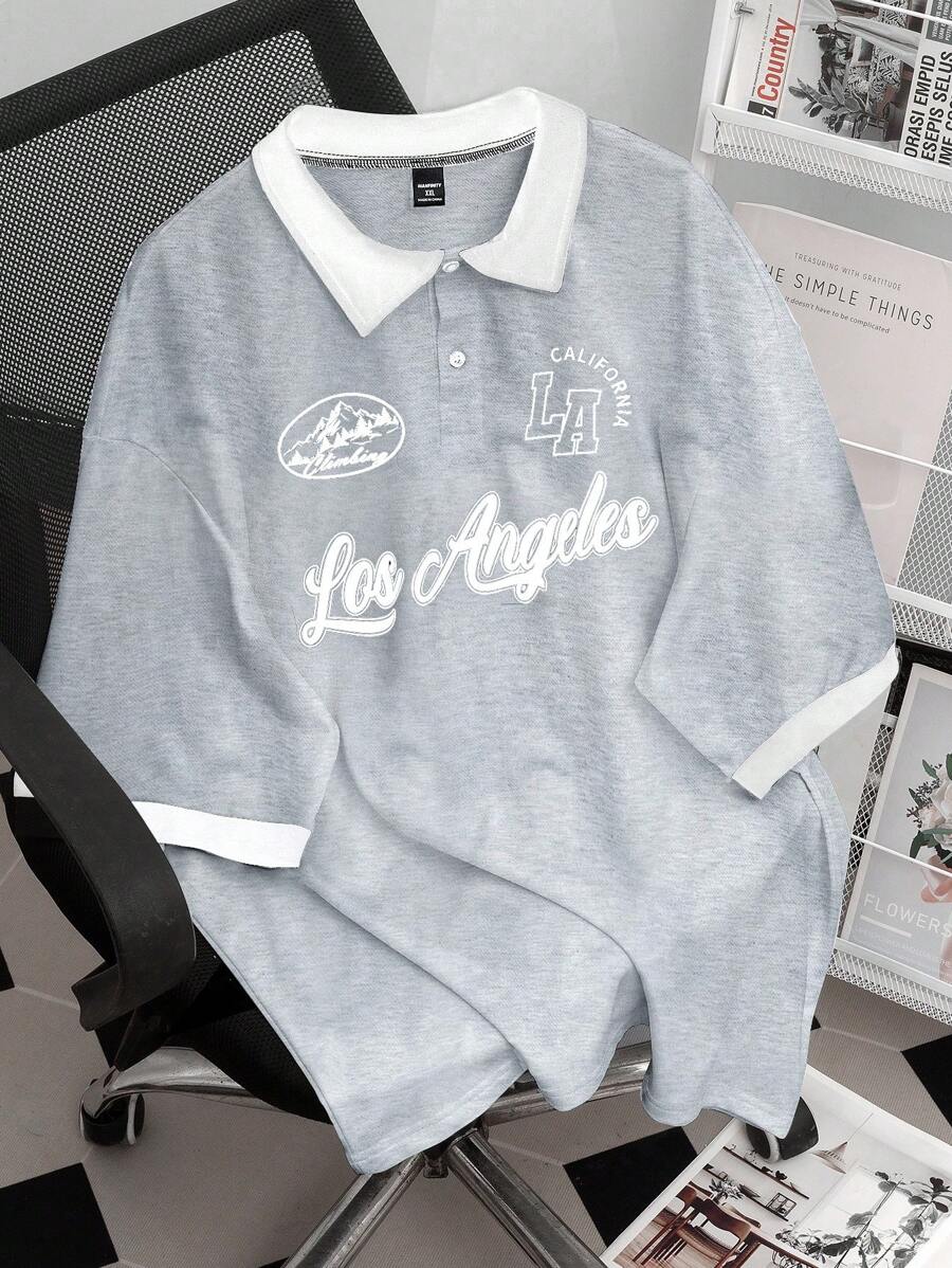 Manfinity Hypemode Camisa polo de talla grande para hombre, de verano, casual, con detalles de color contrastante y estampado de letras