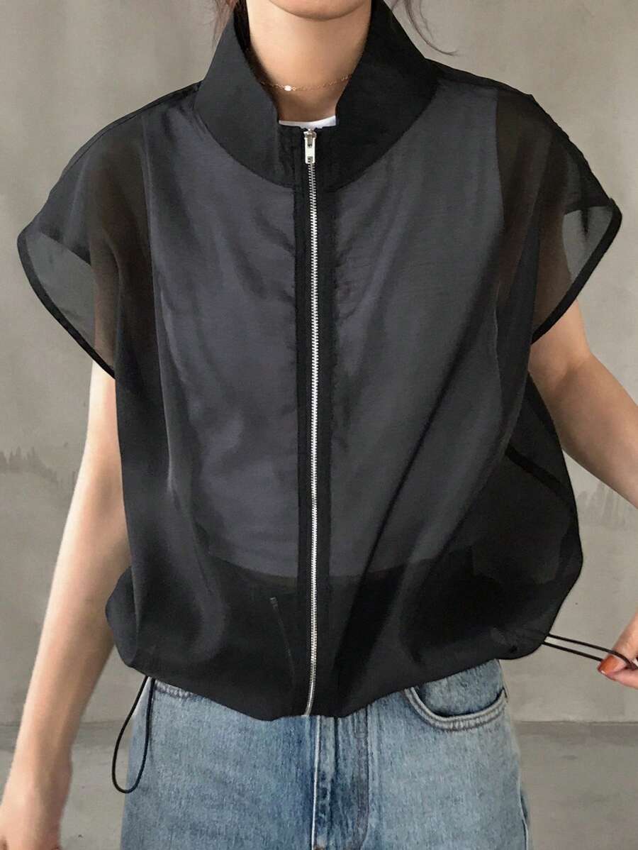 FRIFUL Women's Open Front Sheer Short Metal Zipper Contrast Color Plain Short Sleeve Casual Jacket