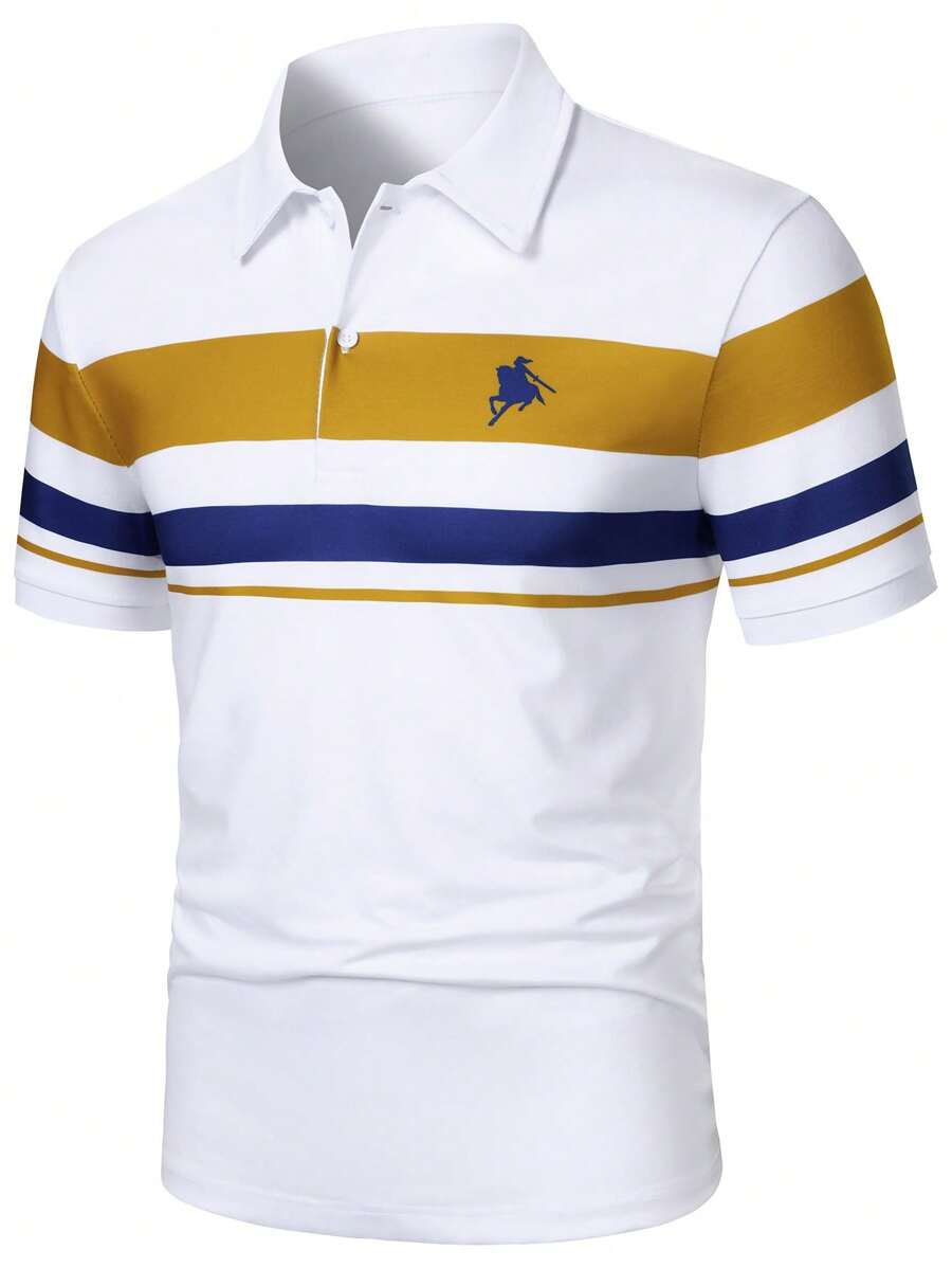 Manfinity Mode Men's Business Casual Style With An INS-Inspired Touch, Featuring A Classic Blue-And-White Color-Blocked Design And An Embroidered Horse-Riding Soldier Logo On The Front. This Stylish Short-Sleeve Polo Shirt Also Includes A Fashionably Patched Chest Pocket, A Button Closure, And Exudes A Sense Of French Elegance And Romance-An Ideal Gift For A Boyfriend Or Husband. Men's Polo Shirt With Chest Pocket Patchwork , Polo Shirt For Men , Golf Shirts For Men