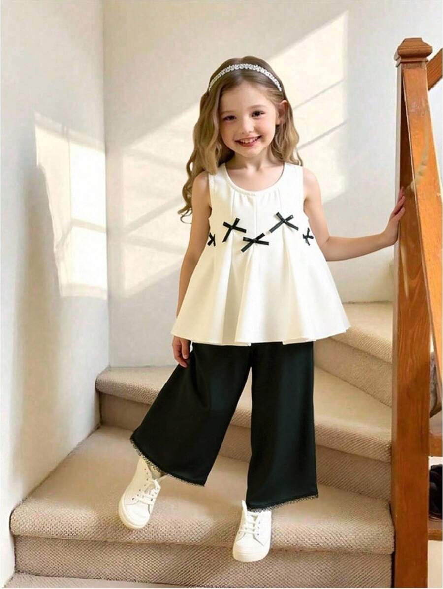 Conjunto de top de tirantes acampanado con parches y moño y pantalones de pierna ancha para niñas pequeñas, conjunto informal y lindo de estilo coreano para el verano