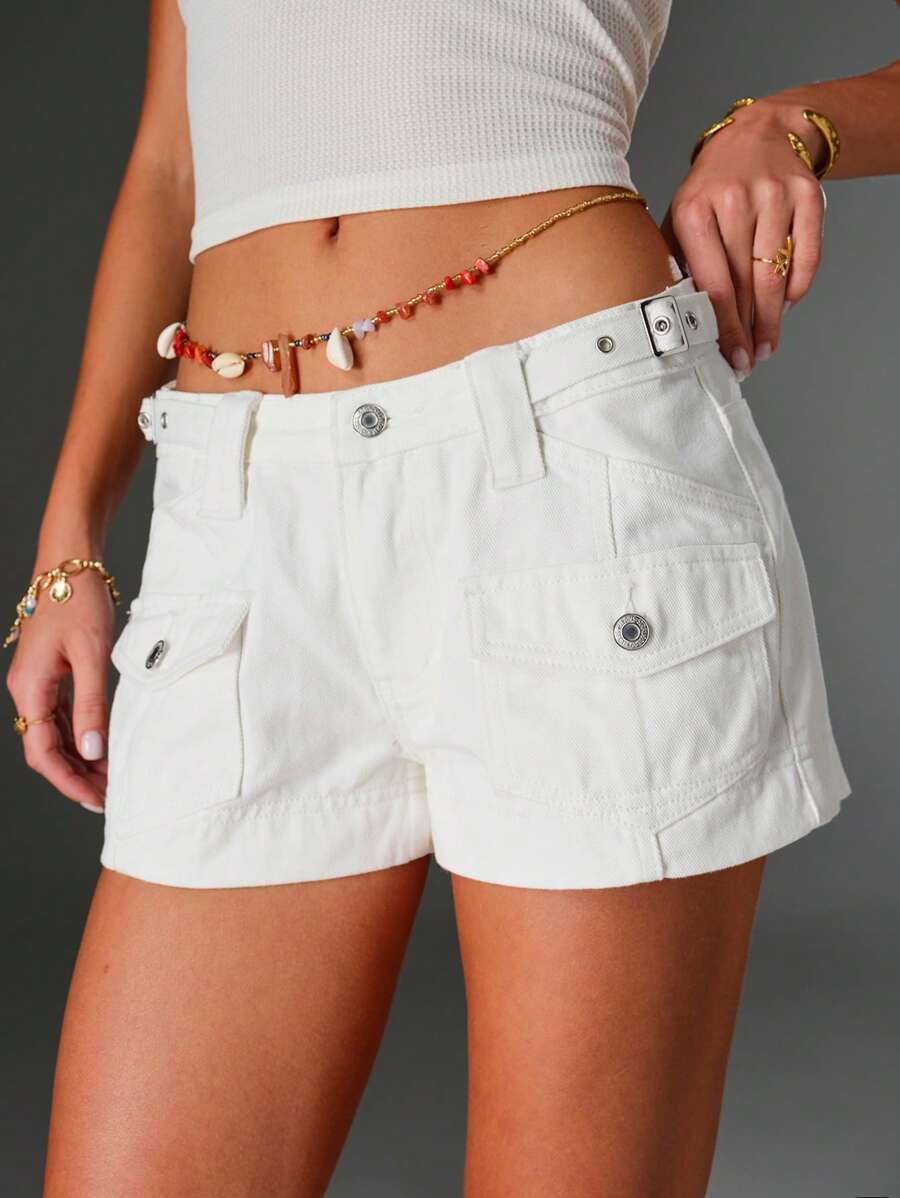 TRNVIE Casual Solid Color Low-Rise Utility Denim Shorts, Summer