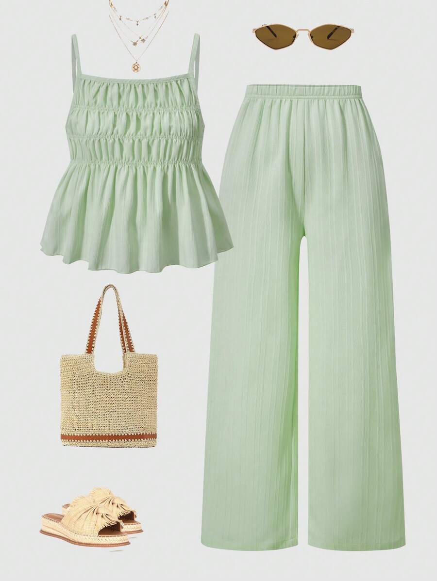 SHEIN Set de 2 piezas de camiseta sin mangas con volantes y pantalones anchos de pierna ancha, estilo casual, dulce y elegante para adolescentes, apropiado para uso diario, ir a trabajar, ocio, vacaciones y reuniones con amigos