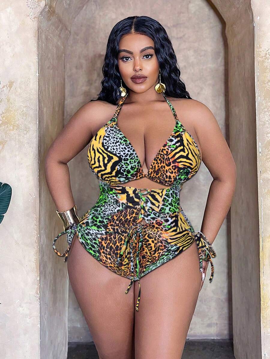 Slaydiva Conjunto de bañador tipo tankini de 2 piezas con estampado de leopardo y espalda cruzada descubierta para mujer talla grande