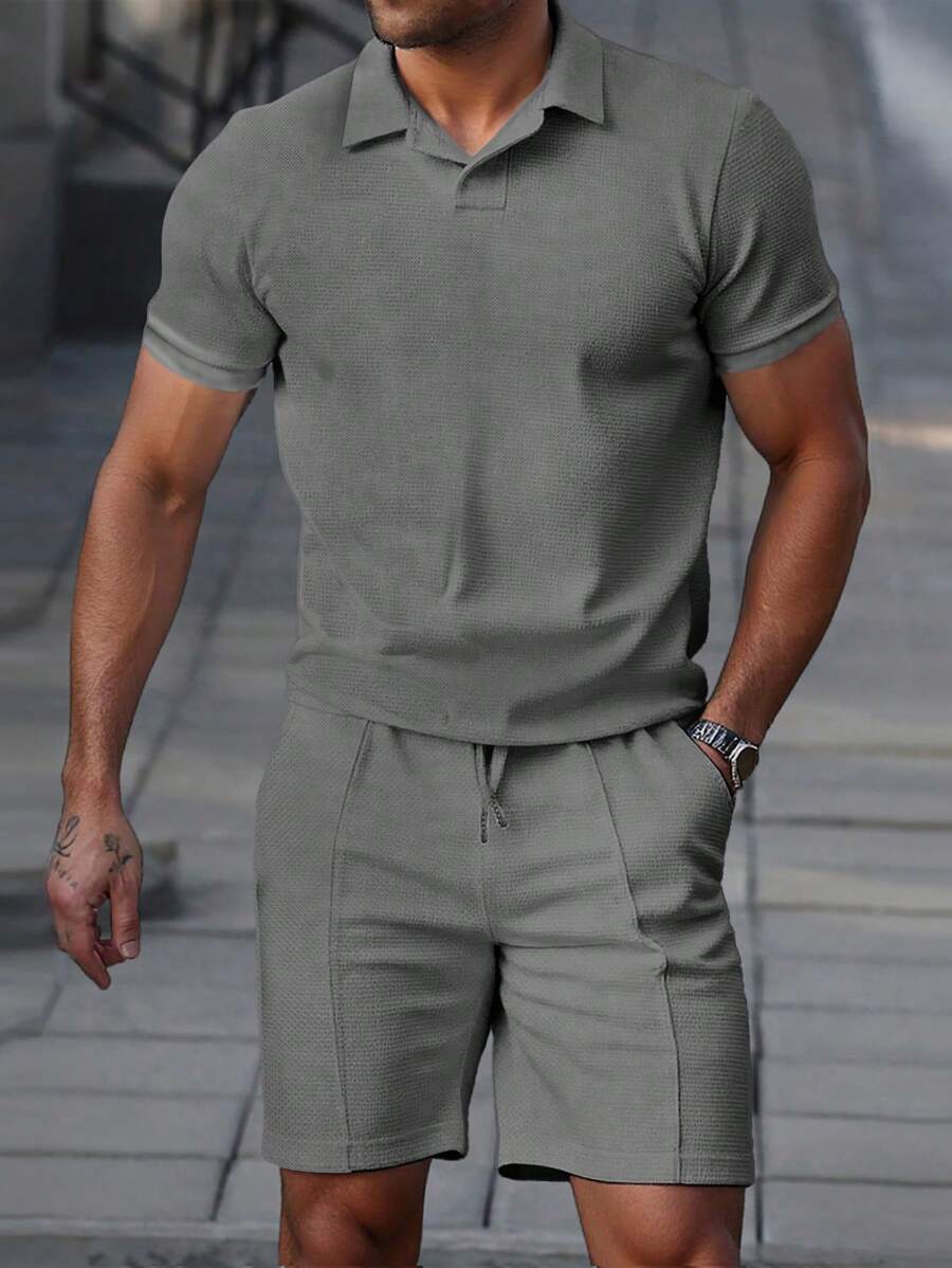 Manfinity Homme Set di polo e pantaloncini tinta unita da uomo, casual e minimalista per uso quotidiano