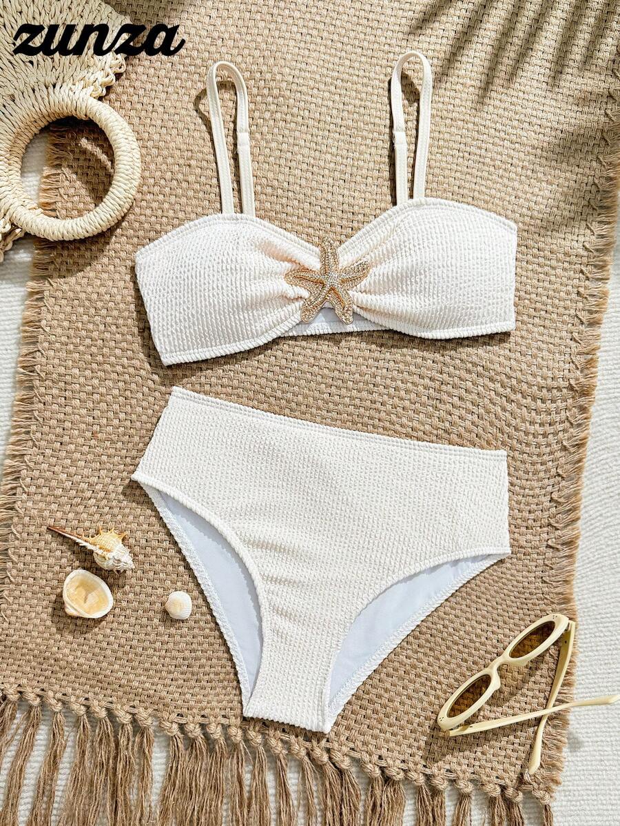 WESTFADE Young Ensemble bikini apricot simple et élégant pour fille avec décor d'étoile de mer, convient pour les vacances, la plage et la natation