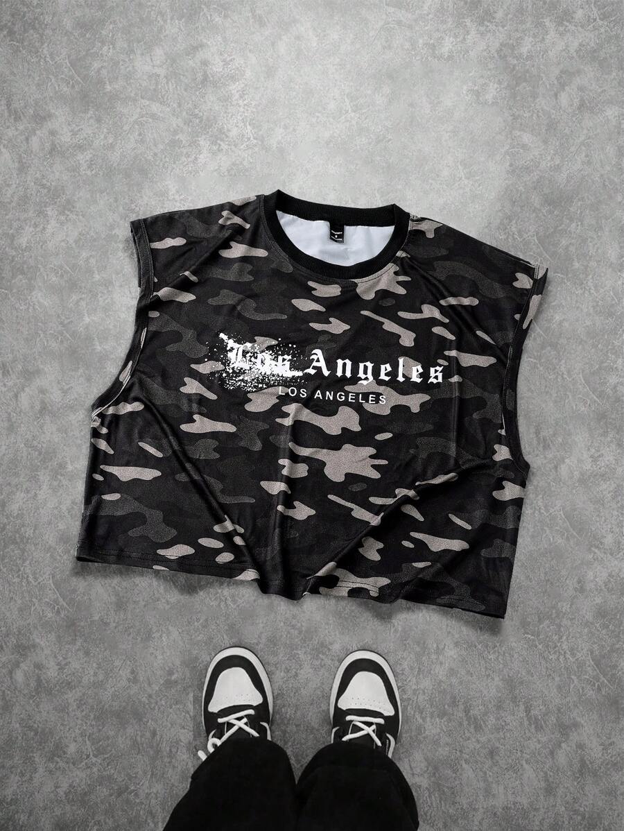 Manfinity EMRG Men's Letter & Camouflage Print Round Neck Casual Tank Top Men Camouflage Tshirt Los Angeles T Shirt Men S Camo