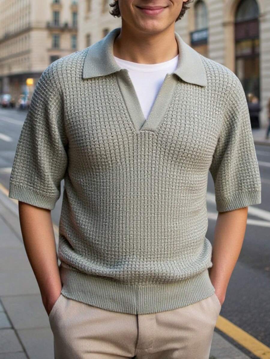 SHEIN Camisa polo de punto texturizada casual para adolescentes/jóvenes con cuello, versátil y cómoda, adecuada para ir al trabajo, la escuela, el uso diario casual, vacaciones, deportes, temporada de primavera/verano