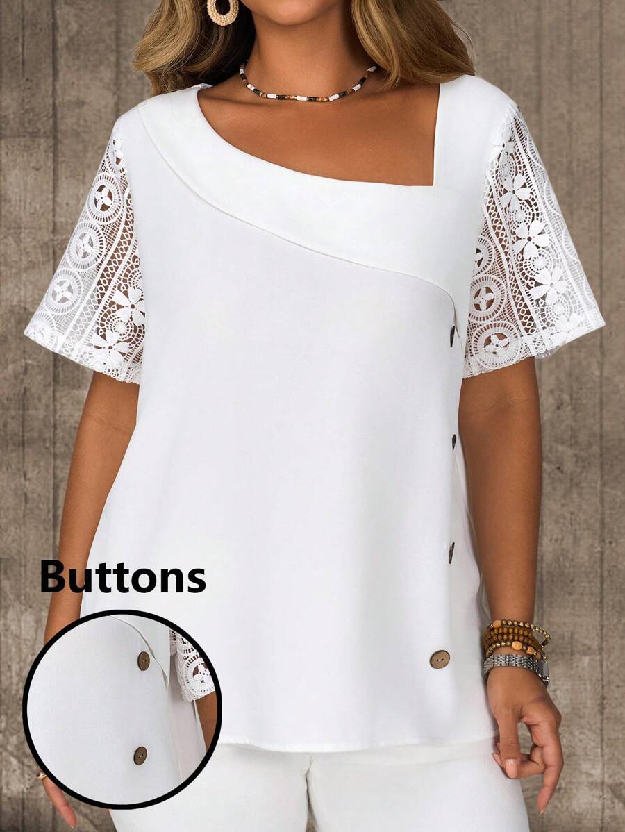 EMERY ROSE Blouse décontractée à manches courtes, couleur unie et ajourée, grande taille, pour les vacances d'été