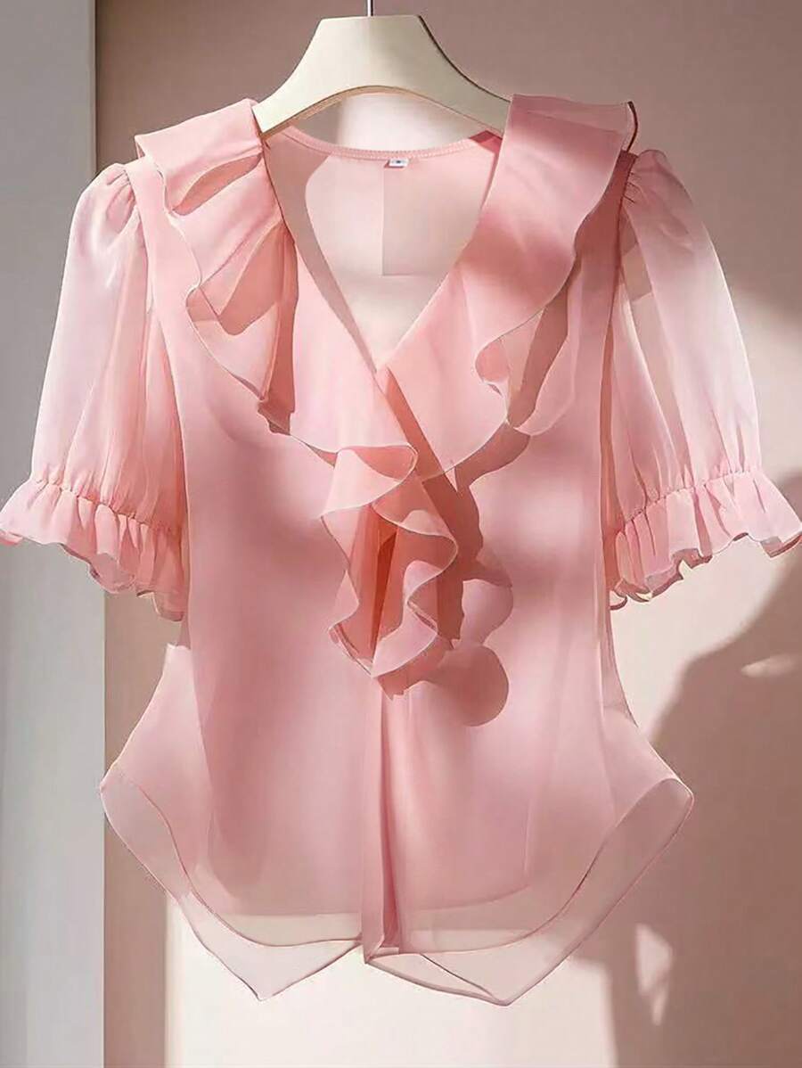 Franclia V-Neck Ruffle Trim Puff Sleeve Casual Blouse, Fashionable For Summer