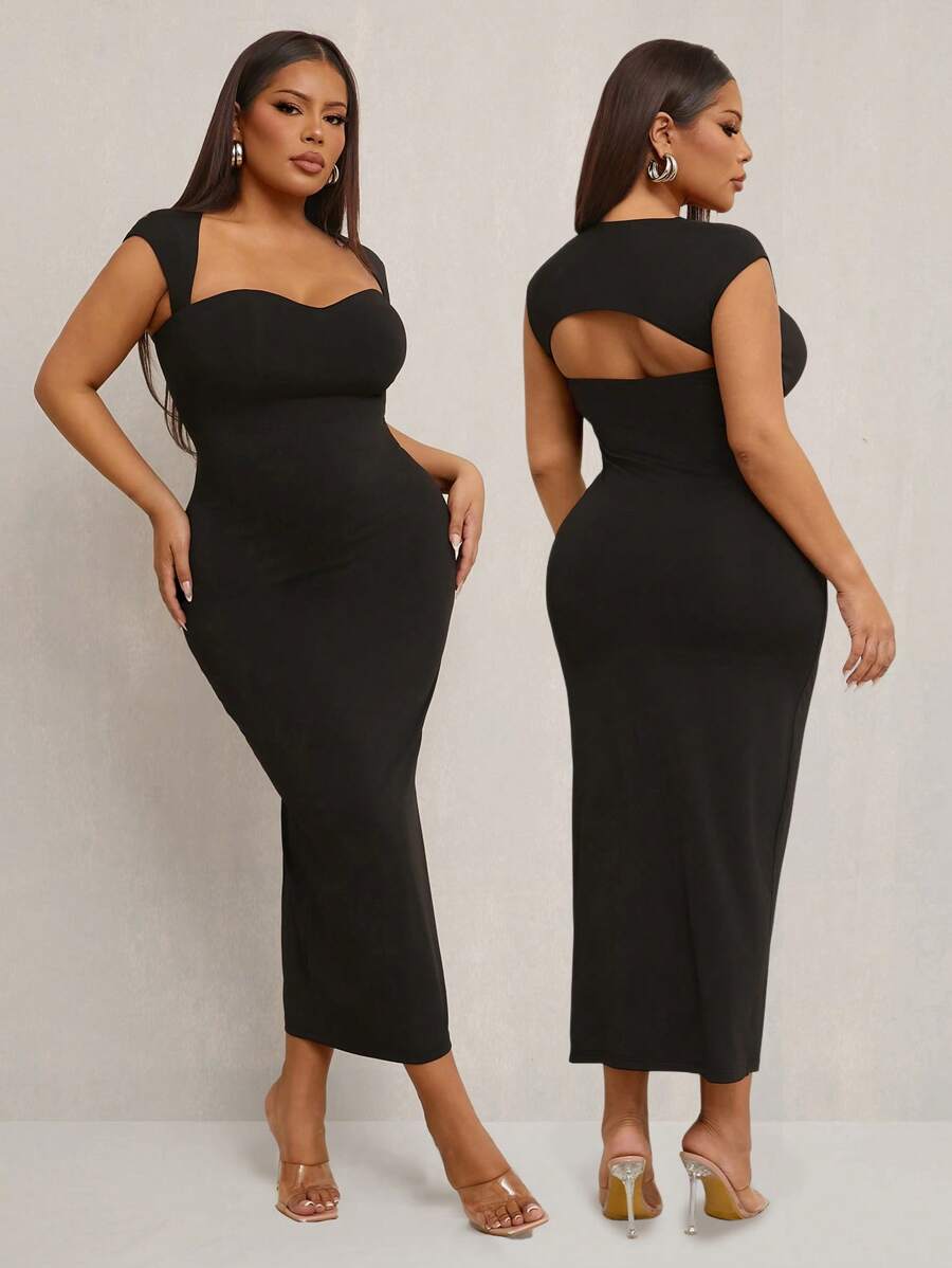SHEIN SXY Robe midi moulante avec dos nu et décolleté en V élégante et sexy pour femmes grandes tailles. Convient pour la saison des mariages, les carnavals romantiques, les vacances, les déplacements, la remise des diplômes, les rendez-vous, la Saint-Valentin, la croisière, les enterrements de vie de jeune fille, les soirées en club, décontractée, pour le shopping, la sortie, facile à assortir et affinante. Met en valeur la silhouette.