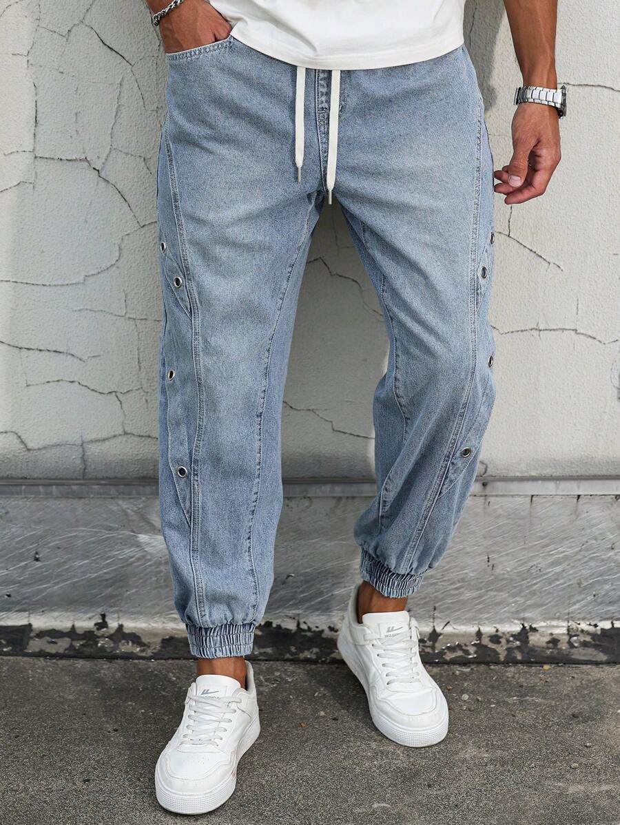 Manfinity LEGND Pantalones vaqueros informales para hombre con cintura ajustable con cordón y pierna entallada