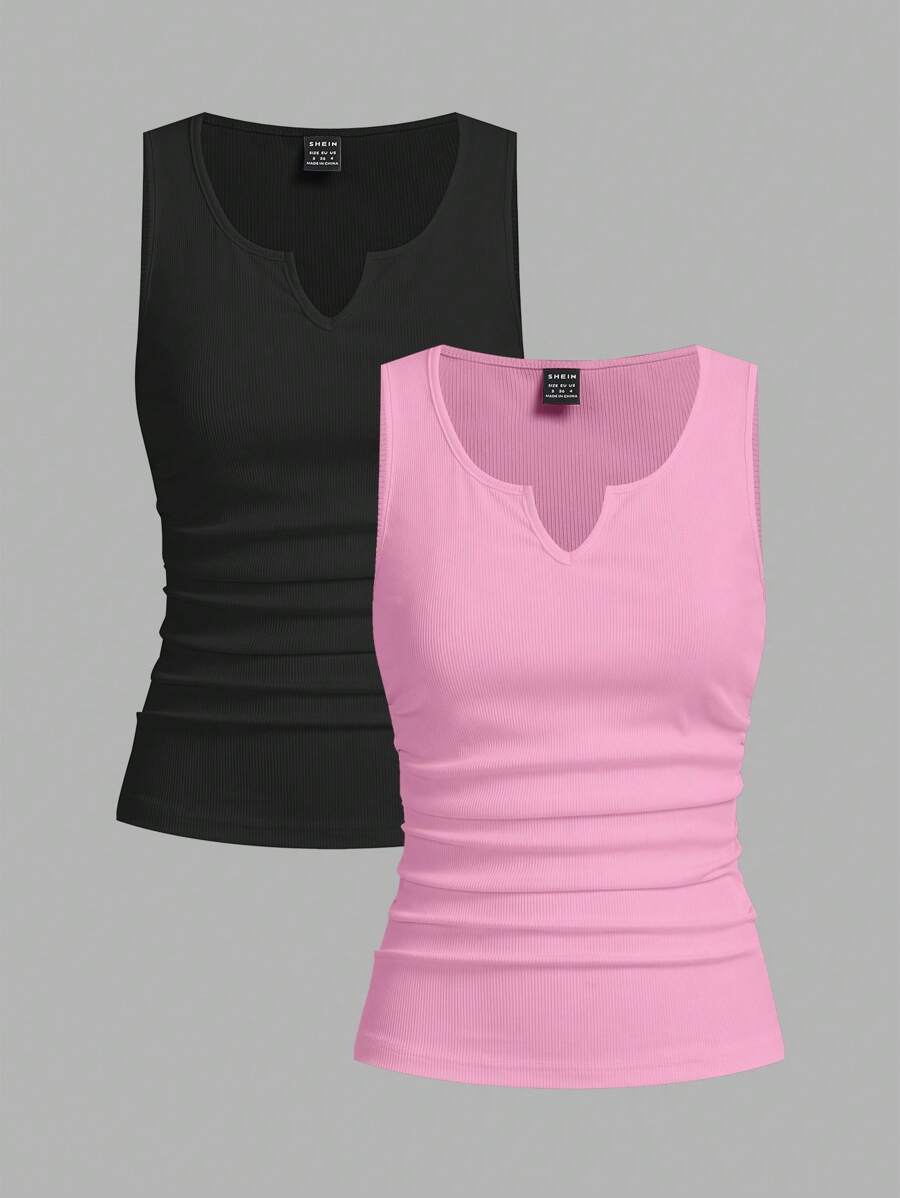 Slaydiva 2 pezzi set di canotte a costine aderenti con scollo a tacca arricciato, colore nero e rosa, adatti per l'estate